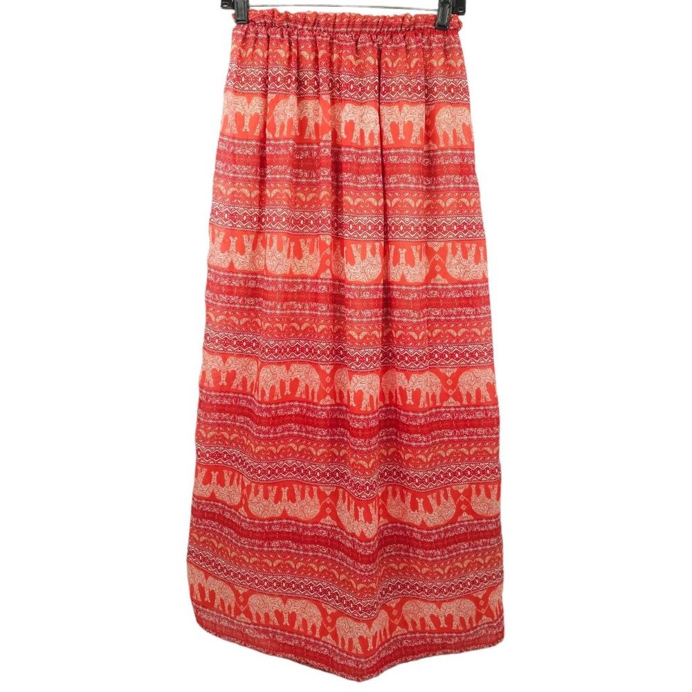 Blue Rain Pleated Elephant Print Long Skirt Size S Stretchy Elastic Waist Boho